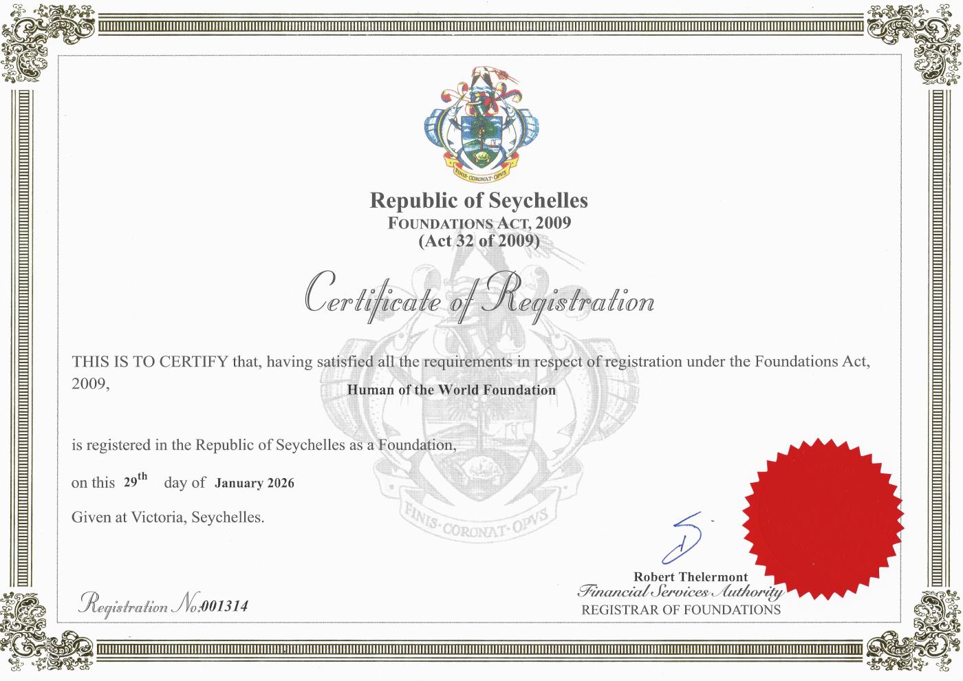 Certificate of Registration of Human of the World Foundation